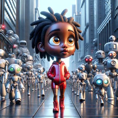 The primary subject of the image is a small, animated figure of a young girl wearing a red jacket. She is standing in the middle of a crowd of robotic figures, which are likely part of a futuristic cityscape. The setting appears to be a city street, with the girl surrounded by various robotic characters. The visual style of the image is a combination of digital art and illustration, creating a vibrant and engaging scene. The colors and mood of the image are energetic and dynamic,